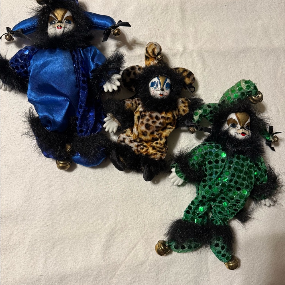 Set of 3 Vintage Harlequin Cat Jester Dolls - Blue, Leopard, Green